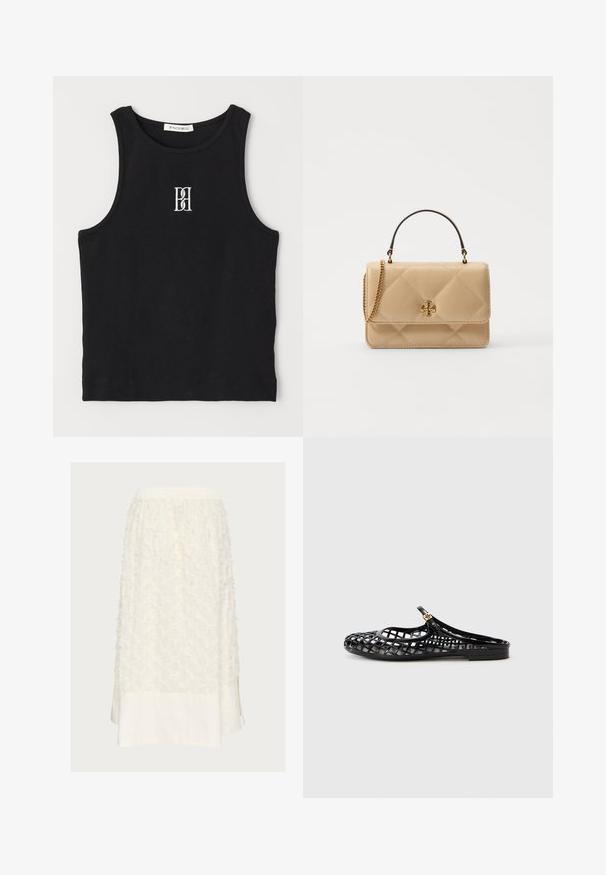 Musta ribbed-t-paita, jossa on pyöreä kaula-auko ja valkoisella brodeerattu logo. Kangas on sileä ja muoto on tiivis.; Valkoinen hame, jonka kankaassa on tekstuuria ja kohotettuja kukkakuviota yläosassa. Alareuna on sileää puuvillakangasta ja siinä on sivuventtiilit. Rypistetty vyötärö.; Tory Burch MELLOW MARY JANE - Matalakantaiset pistokkaat - perfect black/gold; Beige nahkakotelo, jossa on kultaiset yksityiskohdat, ketjuhihna ja ylhäällä oleva kahva. Siinä on etukuljettaja ja allekirjoituslogo-yksityiskohta.
