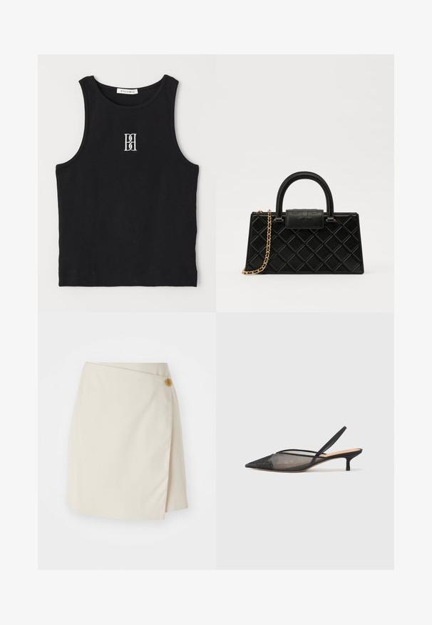 Top de tirantes negro con textura acanalada, presenta un cuello redondo y un logo bordado en blanco. La tela tiene una textura suave y una forma ajustada.; Falda corta beige con cierre lateral de botones, tela lisa, líneas limpias y una textura suave, diseñada para una silueta ajustada.; NEOUS IRENA - Tacones - black; Bolso negro hecho de cuero texturizado, con un patrón de diamantes, cadena de tono dorado y un asa superior con un cierre de tapa con el logo en relieve.