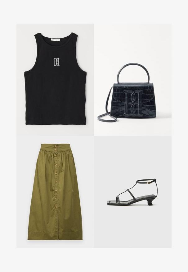 Fekete bordás trikó kerek nyakkivágással és fehér hímzett logóval. Az anyag sima tapintású, testhezálló formával.; Vanessa Bruno DARJA - A-vonalú szoknya - safari; Fekete bőr szandál, négyzet alakú orral, vékony pántokkal, állítható bokapánttal és alacsony sarokkal. A pánton egy kis arany dísz található.; Fekete krokodilbőr hatású kézitáska, amelynek strukturált kialakítása van, felső fogantyúval, állítható pánttal és egy kiemelkedő elülső logó részlettel.