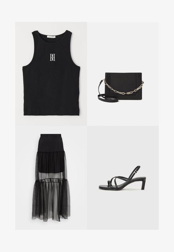 Top de tirantes negro con textura acanalada, presenta un cuello redondo y un logo bordado en blanco. La tela tiene una textura suave y una forma ajustada.; Falda negra de capas que presenta una sección inferior translúcida y texturizada, una cintura elástica y un diseño fluido. Compuesta de materiales ligeros.; Sandalia negra de tiras con punta cuadrada y tacón bajo de bloque. Presenta múltiples tiras delgadas y una correa ajustable en el tobillo. Fabricada en cuero suave.; Bolso cruzado de piel negra con textura suave, forma rectangular y un detalle de cadena metálica en el frente. Incluye una correa ajustable.; Anillo de plata de doble banda con una superficie lisa y pulida. Presenta un diseño fluido y curvado con secciones superpuestas para un aspecto moderno.