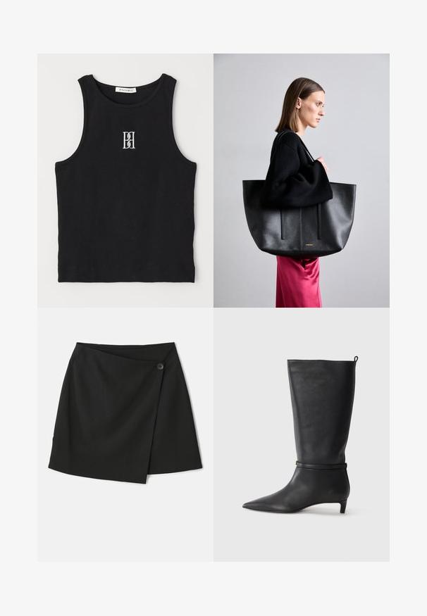 Débardeur noir côtelé avec un col rond et un logo brodé en blanc. Le tissu a une texture lisse avec une coupe ajustée.; Jupe enveloppante noire avec une texture de tissu lisse, un design asymétrique et une fermeture par bouton sur le côté pour plus de détails.; Botte noire en cuir, montant jusqu'au genou, avec un bout pointu, accentuée par une sangle circulaire autour de la cheville et un petit talon effilé. Texture lisse.; Grand sac tote en cuir noir avec une finition texturée, présentant deux lignes verticales, des bretelles doubles et un design minimaliste.