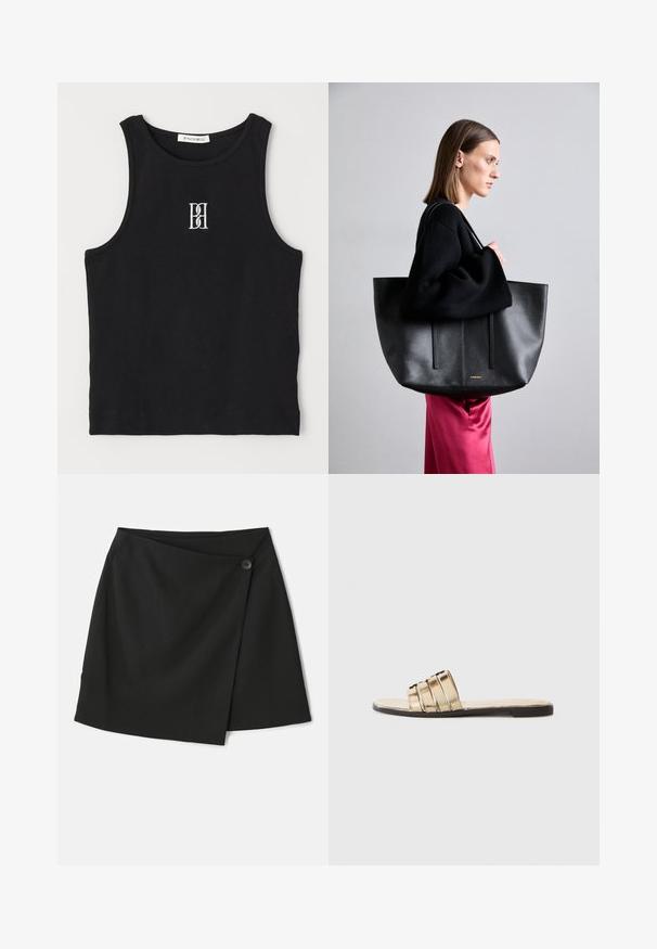 Svart ribbet tanktop med rund halslinse og brodert logo i hvitt. Stoffet har en glatt tekstur med en tettsittende fasong.; Svart omslag skjørt med en jevn stoffstruktur, asymmetrisk design og knapping på siden for ekstra detalj.; Gull slide sandal med tre horisontale stropper. Flat såle og glatt materiale tekstur, med en åpen tådesign.; Svart lær totebag med teksturert finish, med to vertikale linjer, doble skulderstropper og et minimalistisk design.