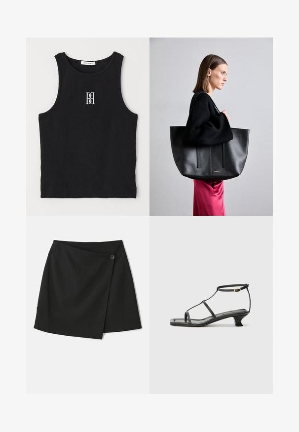 Débardeur noir côtelé avec un col rond et un logo brodé en blanc. Le tissu a une texture lisse avec une coupe ajustée.; Jupe enveloppante noire avec une texture de tissu lisse, un design asymétrique et une fermeture par bouton sur le côté pour plus de détails.; Sandale en cuir noir avec un bout carré, des fines lanières, une bride de cheville ajustable et un petit talon. Présente un petit accent doré sur la lanière.; Grand sac tote en cuir noir avec une finition texturée, présentant deux lignes verticales, des bretelles doubles et un design minimaliste.