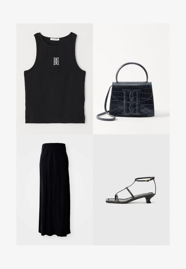 Zwarte geribbelde tanktop met een ronde halslijn en een geborduurd logo in het wit. De stof heeft een gladde textuur met een aansluitende pasvorm.; Zwarte maxiskirt van zachte stof; heeft een rechte silhouet, een gladde textuur en een licht uitlopende zoom.; Zwarte leren sandaal met een vierkante neus, dunne banden, een verstelbare enkelriem en een lage hak. Heeft een kleine gouden accent op de band.; Zwarte handtas van krokodillleer met een gestructureerd ontwerp, bovenhandvat, verstelbare schouderband en een opvallend voorlogo.