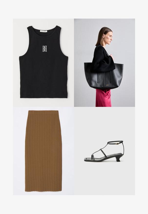 Juodas raštuotas lieknas marškinėliai su apvalia iškirpte ir balta siuvinėta logotipu. Medžiaga yra glotni su pritaikytu siluetu.; Ruda diržinė mezgimo midi sijonas su tiesios formos ir priglundančia liemene, su vertikaliomis linijomis tekstūrai ir švariu kraštu apatine dalyje.; Juodas odinis sandalai su kvadratiniu pirštu, plonomis dirželiais, reguliuojamu kulkšnies dirželiu ir žemu kulnu. Yra nedidelis aukso akcentas ant dirželio.; Juodas odinis rankinės modelis su tekstūruotu paviršiumi, turintis dvi vertikalias linijas, dvi petinių dirželių poras ir minimalistinį dizainą.