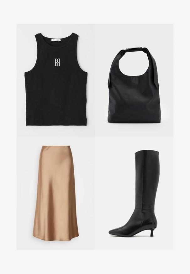 Black ribbed tank top featuring a round neckline and embroidered logo in white. Fabric has a smooth texture with a fitted shape.; Satin midi skirt in a light brown hue, featuring a smooth, flowing silhouette with a subtle sheen and a slightly flared hem.; Zign Boots - black; Black leather hobo bag with a single, soft, rounded handle; features a smooth texture and a minimalist design. No visible hardware or accents.; Gold hoop earrings with a textured, irregular shape. Features a seamless closure and a polished surface finish, emphasizing a modern design.