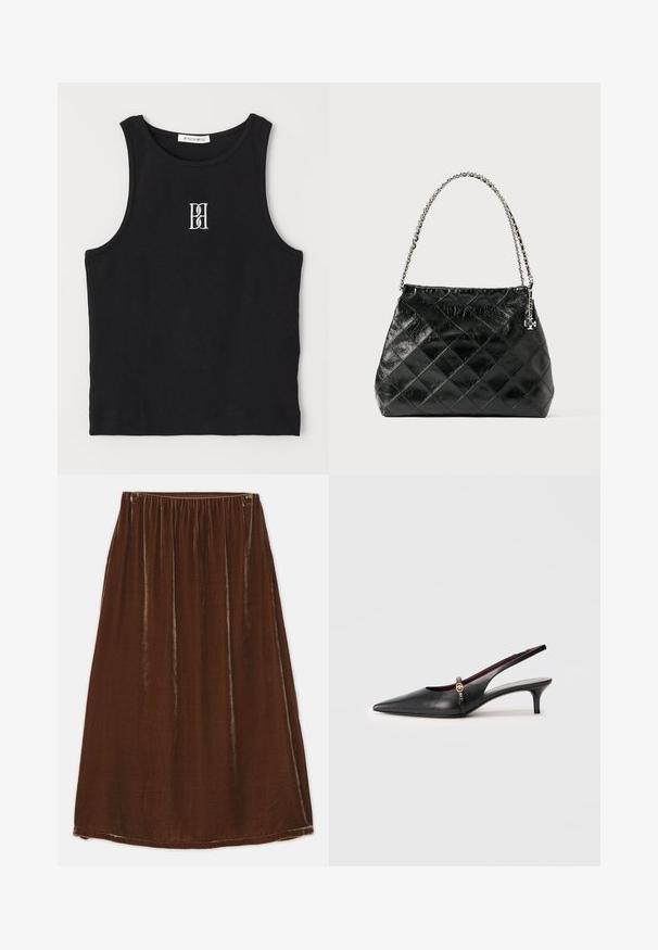 Black ribbed tank top featuring a round neckline and embroidered logo in white. Fabric has a smooth texture with a fitted shape.; By Malene Birger BOSHAN - A-line skirt - bison; Black leather slingback heel with a pointed toe, thin heel, and a gold accent near the ankle strap. Smooth texture and simple design.; Black quilted leather handbag with a silver chain handle, featuring a structured design and smooth texture.