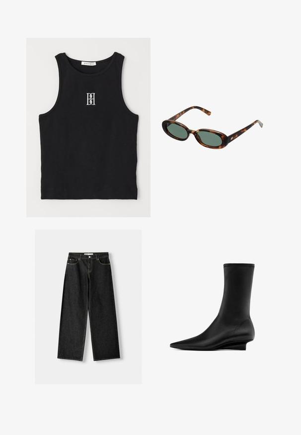 Canotta nera a costine con scollatura rotonda e logo ricamato in bianco. Il tessuto ha una texture liscia con una forma aderente.; Jeans larghi in denim nero con cinque tasche, chiusura con bottone metallico e zip, e cuciture gialle a contrasto lungo le cuciture.; Stivale nero alla caviglia con una silhouette elegante e aderente. Realizzato in materiale liscio, presenta una punta affilata e un tacco a trapezio basso.; Occhiali da sole tartarugati con montatura ovale e lenti verdi. Presentano aste sottili con un accento metallico vicino alle cerniere.