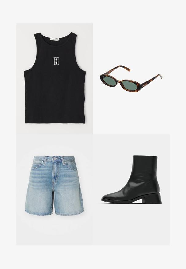 Črna rebrasta majica brez rokavov z okroglim izrezom in vezenim logotipom v beli barvi. Tkanina ima gladko teksturo in prilagojeno obliko.; Svetlo modri denim kratke hlače s ravnim krojem, petimi žepi, zanko za pas in rahlo strganim robom. Klasična tekstura in videz džinsa.; Črne gležnjarje iz sijoče usnjene kože odlikuje eleganten dizajn, usnjena konica in zmeren blok peto za stabilnost.; Žirafne sončna očala z ovalnimi okvirji in zelenimi lečami. Imajo tanke ročice z metalnim poudarkom blizu tečajev.