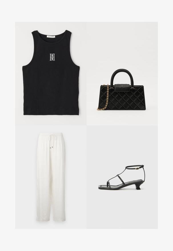 Črna rebrasta majica brez rokavov z okroglim izrezom in vezenim logotipom v beli barvi. Tkanina ima gladko teksturo in prilagojeno obliko.; Bele, lahke, ohlapne hlače z elastičnim pasom in vrvico. Imajo subtilen sijaj in raven kroj.; Črne usnjene sandale s kvadratnim prstom, tankimi trakovi, nastavljivim trakom okoli gležnja in nizko peto. Imajo majhen zlat akcent na traku.; Črna torbica iz teksturirane usnje, z diamantnim vzorcem, z zlatim verigo in zgornjim ročajem ter pokrovom z logotipom.