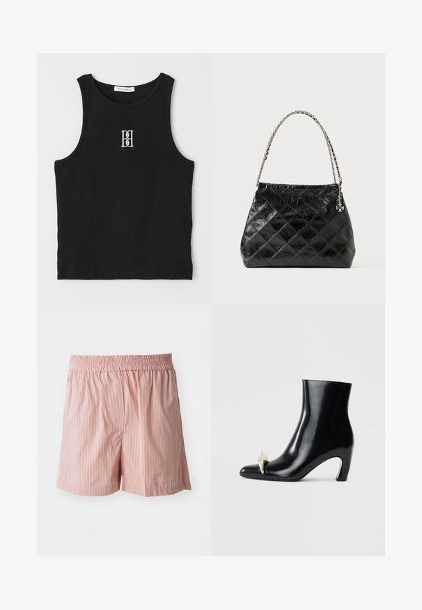 Débardeur côtelé noir avec un col rond et un logo brodé en blanc. Présente une silhouette ajustée et un ourlet droit et net.; Shorts rose clair avec des rayures verticales rouges et blanches. Taille élastique ; coupe décontractée ; texture lisse avec un minimum de détails.; Bottine noire en cuir brillant, avec un bout pointu et un accent décoratif en or et argent à l'avant. Design à talon carré.; Sac à main en cuir matelassé noir avec une poignée en chaîne argentée, présentant un design structuré et une texture lisse.