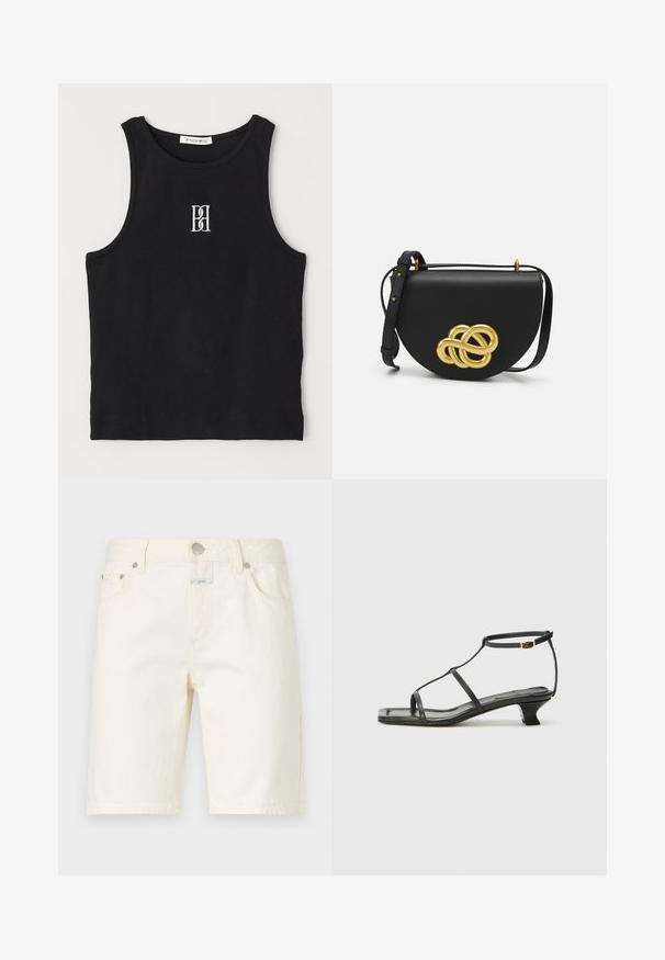 Černý žebrovaný top bez rukávů s kulatým výstřihem a vyšívaným logem v bílé barvě. Materiál má hladkou texturu a těsný střih.; CLOSED JINNIE - Šortky - white; Černá kožená sandál s čtveratou špičkou, tenkými popruhy, nastavitelným kotníkovým popruhem a nízkým podpatkem. Obsahuje malý zlatý akcent na popruhu.; Černá kožená kabelka zaobleného tvaru, s velkou zlatou ozdobnou uzlíkovou aplikací na přední straně a nastavitelným popruhem.