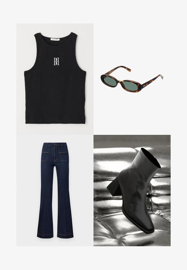 Čierny rebrový tielko s okrúhlym výstrihom a vyšitým logom v bielej farbe. Materiál má hladkú textúru a priliehajúci strih.; Tmavé denimové rozšírené džínsy s upraveným strihom, vysokým pásom a kontrastným oranžovým prešívaním. Obsahujú dve predné a dve zadné vrecká.; Čierne členkové topánky vyrobené z lesklého materiálu so štvorcovou špičkou a zúženým podpätkom, na lesklom striebornom podklade s vystuženým vzorom.; Slnečné okuliare v štýle korytnačiny s oválnymi rámami a zelenými sklami. Majú tenké nožičky s kovovým akcentom pri pántoch.