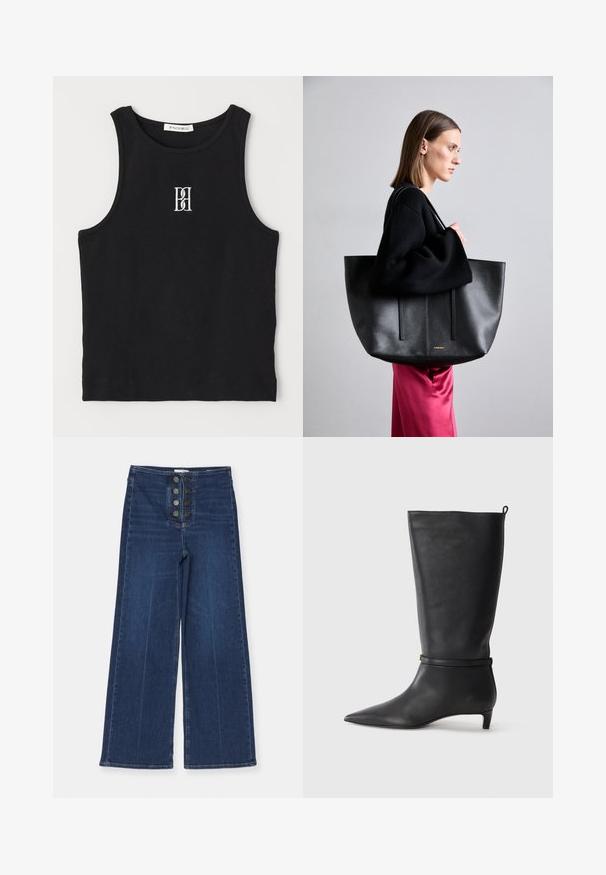 Camiseta de tirantes negra con textura acanalada, escote redondo y logotipo bordado en blanco. Presenta una silueta ajustada y dobladillo limpio y recto.; Jeans de mezclilla de pierna ancha en azul oscuro, con una cintura alta y cierre frontal de cinco botones, con una textura suave y un ligero desvanecimiento.; Bota de cuero negro hasta la rodilla con punta afilada, acentuada por una correa circular alrededor del tobillo y un tacón bajo y afilado. Textura suave.; Bolso tote de cuero negro con un acabado texturizado, que presenta dos líneas verticales, doble correa para el hombro y un diseño minimalista.