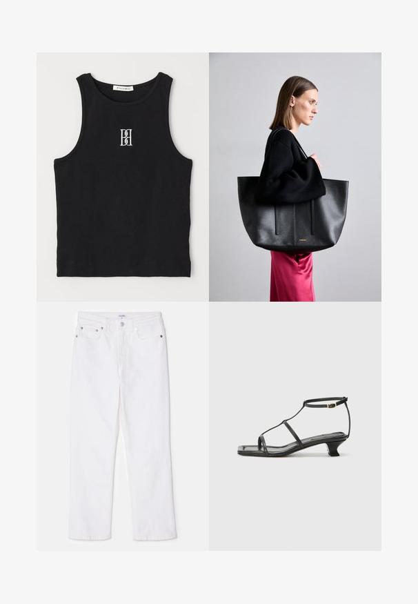 Černý žebrovaný top bez rukávů s kulatým výstřihem a vyšívaným logem v bílé barvě. Materiál má hladkou texturu a těsný střih.; Bílé džíny s rovnými nohavicemi, které mají klasické pětipocketové uspořádání a stříbrné kovové doplňky na pase.; Černá kožená sandál s čtveratou špičkou, tenkými popruhy, nastavitelným kotníkovým popruhem a nízkým podpatkem. Obsahuje malý zlatý akcent na popruhu.; Černá kožená taška s texturovaným povrchem, která má dva vertikální pruhy, dvojité ramenní popruhy a minimalistický design.