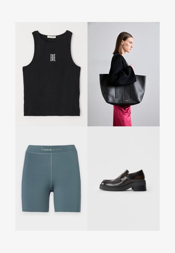 Svart ribbet tanktop med rund halslinse og brodert logo i hvitt. Stoffet har en glatt tekstur med en tettsittende fasong.; Lyseblå treningsshorts med en jevn tekstur, midt på låret lengde, og en logo på midjebåndet; har forsterkede sømmer.; Brune skinnloafers med en kraftig svart hæl, med et stiftet design og et spenn over toppen for ekstra detaljer.; Svart lær totebag med teksturert finish, med to vertikale linjer, doble skulderstropper og et minimalistisk design.