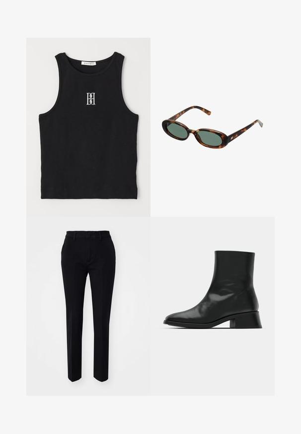 Fekete bordázott ujjatlan felső kerek nyakkivágással és fehér hímzett logóval. Testhez simuló szabással és tiszta, egyenes szegéllyel rendelkezik.; Fekete, szabott nadrág sima anyagtextúrával, egyenes szárakkal és ferde oldalsó zsebekkel. Egyszerű derékbőség övrésszel, látható minták nélkül.; Fekete bokacsizma fényes bőrből, karcsú dizájnnal, hegyes orral és mérsékelt tömbsarkal a stabilitás érdekében.; Tortojásmintás napszemüveg ovális kerettel és zöld lencsékkel. Vékony szárakkal rendelkezik, fémes kiegészítővel a csuklók közelében.