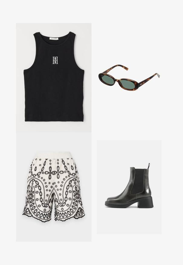 Črna rebrasta majica brez rokavov z okroglim izrezom in vezenim logotipom v beli barvi. Tkanina ima gladko teksturo in prilagojeno obliko.; Bele hlače iz blaga z usnjem in zapleteno črno vezenino, ki vključuje cvetlične in paisley vzorce, elastičen pas in robove s črto.; Črne usnjene gležnjarje z gladko površino, elastičnimi stranskimi paneli in masivnim petami. Imajo praktično zanko za lažje obuvanje.; Žirafne sončna očala z ovalnimi okvirji in zelenimi lečami. Imajo tanke ročice z metalnim poudarkom blizu tečajev.; Srebrni kovinski uhani z valovitim, skulpturalnim dizajnom, ki se ponašajo s poliranim zaključkom in nerednimi oblikami, kar poudarja sodobno estetiko.