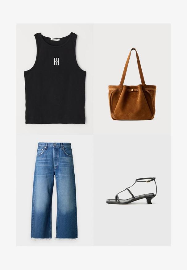 Čierny rebrový tielko s okrúhlym výstrihom a vyšitým logom v bielej farbe. Materiál má hladkú textúru a priliehajúci strih.; Svetlomodré džíny s širokými nohavicami a roztrhnutým lemom, navrhnuté s piatimi vreckami a zapínaním na gombík v páse.; Čierna kožená sandála so štvorcovou špičkou, tenkými popruhmi, nastaviteľným pásikom okolo členka a nízkym podpätkom. Obsahuje malý zlatý akcent na popruhu.; Hnedá semišová taška s dvoma uchami, uzatváraním na gombík a uvoľneným, mierne splošteným tvarom.