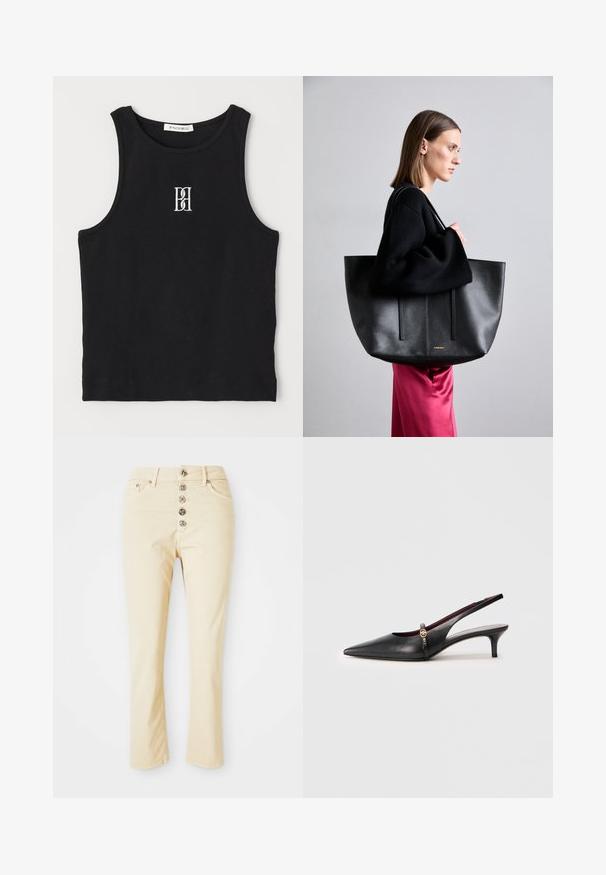 Melna ribota tanka ikdienas krekla augšdaļa ar apaļu izgriezumu un balto izšūto logo. Audumam ir gluda tekstūra un pieguļoša forma.; Beidzas džinsi no kokvilnas, ar pogu priekšpusi, kurā ir piecas metāla pogas un taisnas kājas. Gluda tekstūra un klasiskā dizaina.; Melnas ādas siksna ar papēdi, ar norādītu pirkstu, plānu papēdi un zelta akcentu pie potītes siksniņas. Gluda tekstūra un vienkāršs dizains.; Melnas ādas rokas soma ar teksturētu apdari, kas ietver divas vertikālas līnijas, divas plecu siksnas un minimālistisku dizainu.