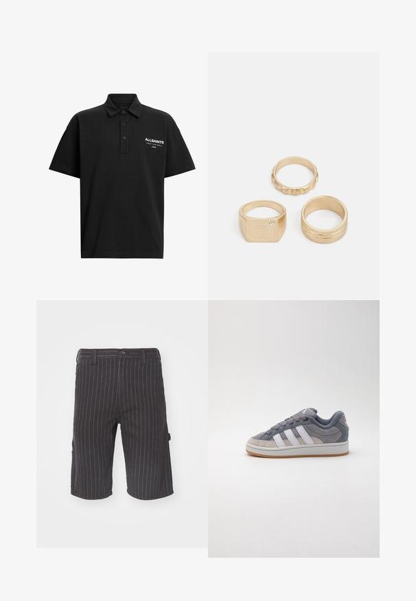 Musta poolopaita, joka on valmistettu puuvillasta, klassisella kauluksella, kahdella napilla ja vasemmassa rinnassa valkoisella painettuna logo.; Mustat raidoitetut shortsit suoralinjaisella leikkauksella, joissa on napin sulku ja sivutaskut, valmistettu tekstuurisesta puuvillasekoitekankaasta.; Harmaat mokkasiinit, joissa on valkoiset nahkaviillot, pyöreä kärki, litteä kumipohja ja teksturoidut yksityiskohdat. Nauhakiinnitys ja pehmustettu varsi.; Kolme kultasormusta: neliön muotoinen sormus, jossa on pieni kivi, teksturoitu rengas, jossa on uria, ja sileä, kiillotettu rengas, jossa on kaksi urausta.