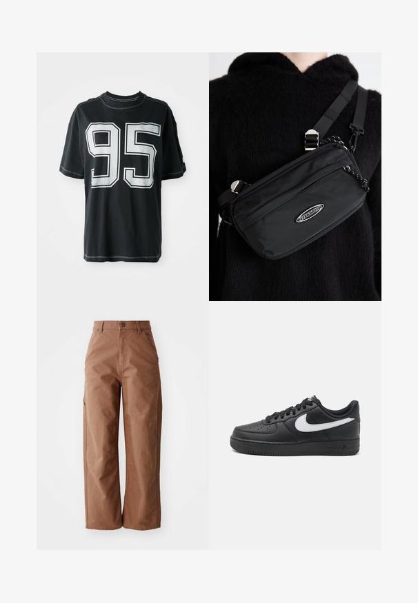 Černé bavlněné tričko s krátkým rukávem, na přední straně s bílým potiskem čísla "95" a kontrastním šitím podél okrajů.; Hnědé kalhoty s širokými nohavicemi vyrobené z odolné tkaniny. Mají vysoký pas, přední kapsy a jemné švy.; Černé tenisky Nike Air Force 1 s hladkým koženým svrškem, bílým logem, perforovanou špičkou a texturovanou gumovou podrážkou.; Černá nylonová krosbody taška s nastavitelným popruhem, s hladkou texturou, přední kapsou na zip a akcentem loga.