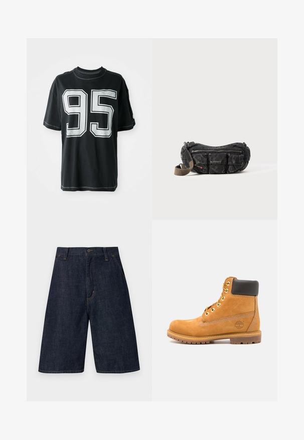T-shirt en coton noir à manches courtes, avec le numéro imprimé blanc "95" sur le devant et des coutures contrastantes le long des bords.; Shorts en denim bleu foncé à coupe droite, avec une fermeture à bouton, cinq poches et des coutures jaunes visibles le long des coutures.; Bottine en cuir marron avec rembourrage noir, œillets dorés et semelle texturée. Présente un logo circulaire sur le côté et des accents de couture.; Sac en tissu noir avec plusieurs poches, surface texturée, forme courbée et une sangle détachable. Fermetures éclair et couleur de sangle contrastante.