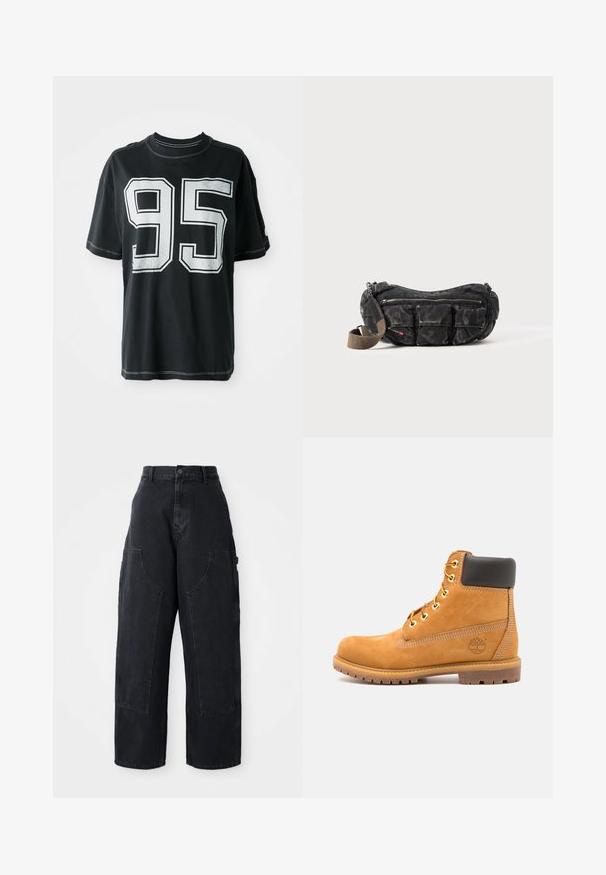Camiseta de algodón negra con mangas cortas, que presenta un número impreso en blanco "95" en el frontal y costuras en contraste a lo largo de los bordes.; Pantalones cargo de denim negro de pierna ancha con cintura alta, dos grandes bolsillos frontales y cierre de botón en la cintura. Textura suave, diseño casual.; Botín de cuero marrón con acolchado negro, ojales dorados y suela texturizada. Presenta un logotipo circular en el costado y acentos de costura.; Bolsa de tela negra con múltiples bolsillos, superficie texturizada, forma curva y una correa desmontable. Cierres de cremallera y color de correa en contraste.