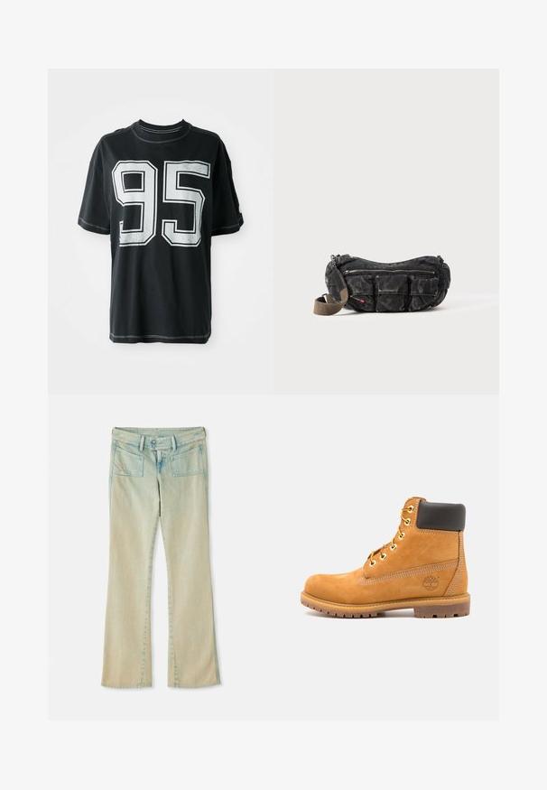 T-shirt en coton noir à manches courtes, avec le numéro imprimé blanc "95" sur le devant et des coutures contrastantes le long des bords.; Jean flare en denim bleu clair avec une finition délavée, présentant des passants de ceinture, deux poches avant et deux poches arrière avec des accents de couture.; Bottine en cuir marron avec rembourrage noir, œillets dorés et semelle texturée. Présente un logo circulaire sur le côté et des accents de couture.; Sac en tissu noir avec plusieurs poches, surface texturée, forme courbée et une sangle détachable. Fermetures éclair et couleur de sangle contrastante.