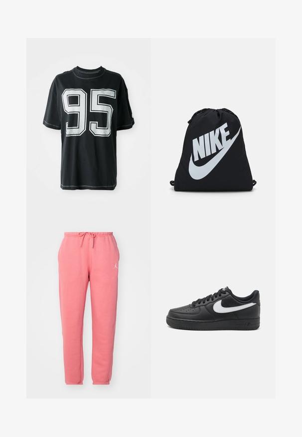 T-shirt de algodão preto com mangas curtas, apresentando o número "95" impresso em branco na parte da frente e costura contrastante ao longo das bordas.; Calças de treino cor-de-rosa com cintura elástica e cordão, apresentando um detalhe em logo branco na perna esquerda e uma textura suave e macia.; Tenis Nike Air Force 1 pretos com parte superior em couro liso, detalhe do logo branco, bico perfurado e sola em borracha texturizada.; Saco de cordão preto com um grande logo branco da Nike. Feito de um tecido leve com uma textura suave e formato arredondado.