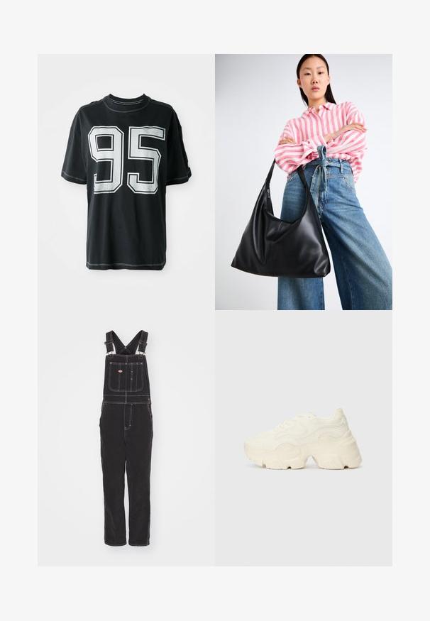 Svart bomull T-skjorte med korte ermer, med hvit trykket nummer "95" foran og kontrasterende søm langs kantene.; Svarte bomullsheldress med kryssryggstropper, framlomme og hvite sømdetaljer. Rett ben-design med en avslappet passform.; Chunky hvite sneakers laget av teksturert mesh og syntetiske materialer, med en tykk såle og intrikate mønsterdetaljer langs sidene.; Svart skinn skulderveske med en avslappet form og sømdetaljer. Modellen har på seg en rosa og hvit stripete skjorte med vide blå jeans.