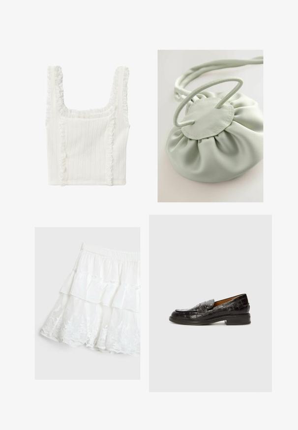 Koton - Top; Biała spódnica warstwowa z lekkiego materiału, z falbanami i koronkowym wykończeniem u dołu. Elastyczna talia.; Billi Bi - Półbuty wsuwane; Zielona satynowa torba na sznurek o zmarszczonej teksturze i okrągłej podstawie. Posiada zaokrąglone, przeszywane zapięcie i pleciony uchwyt.