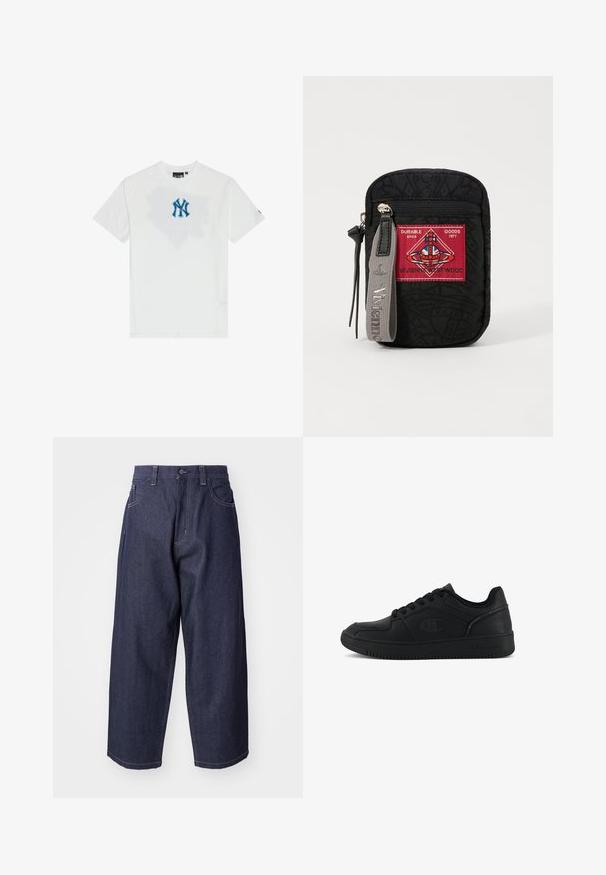Vit bomulls t-shirt med rund halsringning, prydd med en blå NY-logotyp på framsidan och ett subtilt grafiskt mönster bakom den. Korta ärmar.; Mörkblå denimjeans med en lös, vida ben-design. Funktioner inkluderar knappstängning, framfickor och synliga sömnadsdetaljer.; Champion REBOUND 2 0 LOW - Basketsko - black; Svart påse med textilstruktur, prydd med en röd lapp med logotyp, dragkedjestängning och ett grått band med präglat varumärke.