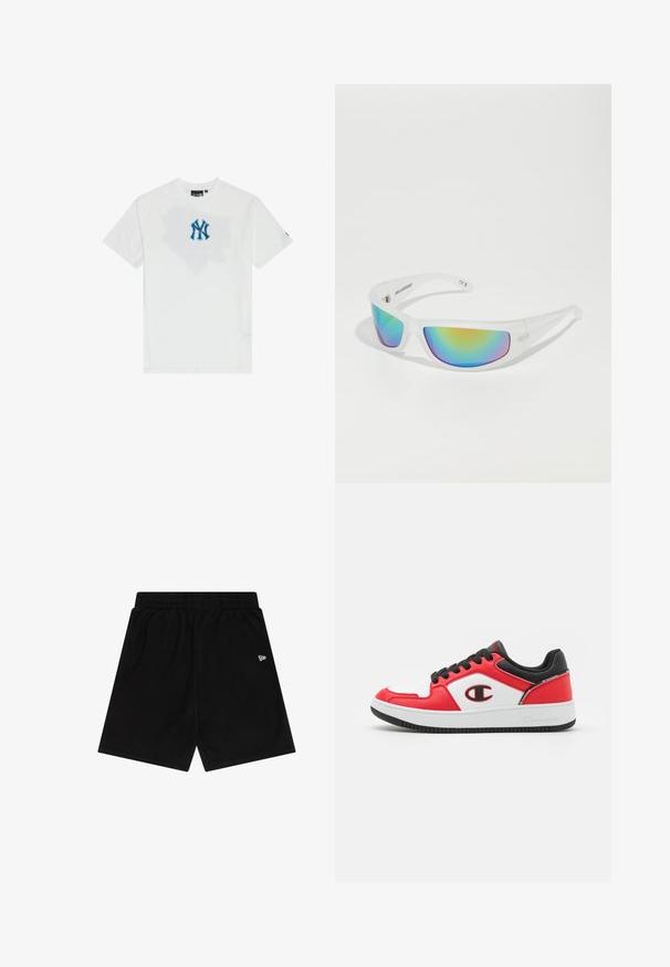 Vit bomulls t-shirt med rund halsringning, prydd med en blå NY-logotyp på framsidan och ett subtilt grafiskt mönster bakom den. Korta ärmar.; Svarta shorts i ett mjukt material med elastisk midja. Inkluderar en liten vit logotyp framtill. Enkel design och rak skärning.; Champion REBOUND 2 0 LOW - Basketsko - red/white/new black; Sunglasses med en transparent vit ram och reflexiva färgglada linser. Har en sportig design och strömlinjeformad form.