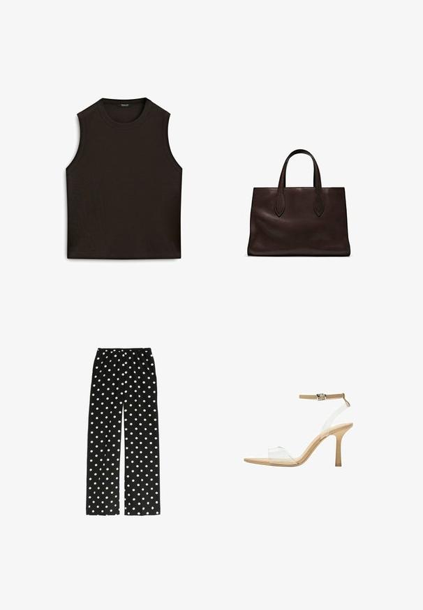Massimo Dutti BOXY FIT WITH CREW NECK - Jednoduché tričko - ochre; Marks & Spencer WIDE - Kalhoty - black mix; Průhledná sandálová obuv s průhledným svrškem, béžovou stélkou a štíhlým páskem kolem kotníku. Má špičatou špičku a tenký vysoký podpatek.; Hnědá kožená taška přes rameno s dvěma dlouhými uchy, strukturální obdélníkový tvar, hladká textura a jemné švy.