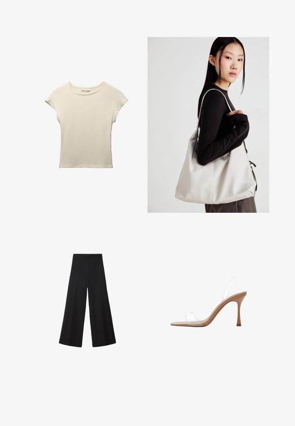 Krem majica kratkih rukava izrađena od mekog pamuka. Ima okrugli izrez i opuštenu siluetu s minimalnim detaljima šivanja.; Crne široke hlače izrađene od glatkog materijala, s visokim strukom i prednjim nabranicama za dodatni volumen. Bez vidljivih zatvarača ili džepova.; Mango BELMA - Sandale s visokom petom - nude; Bežna torba od mekog materijala s opuštenim dizajnom, šivanim detaljima i dva remena za rame. Pogodna za svakodnevnu upotrebu.