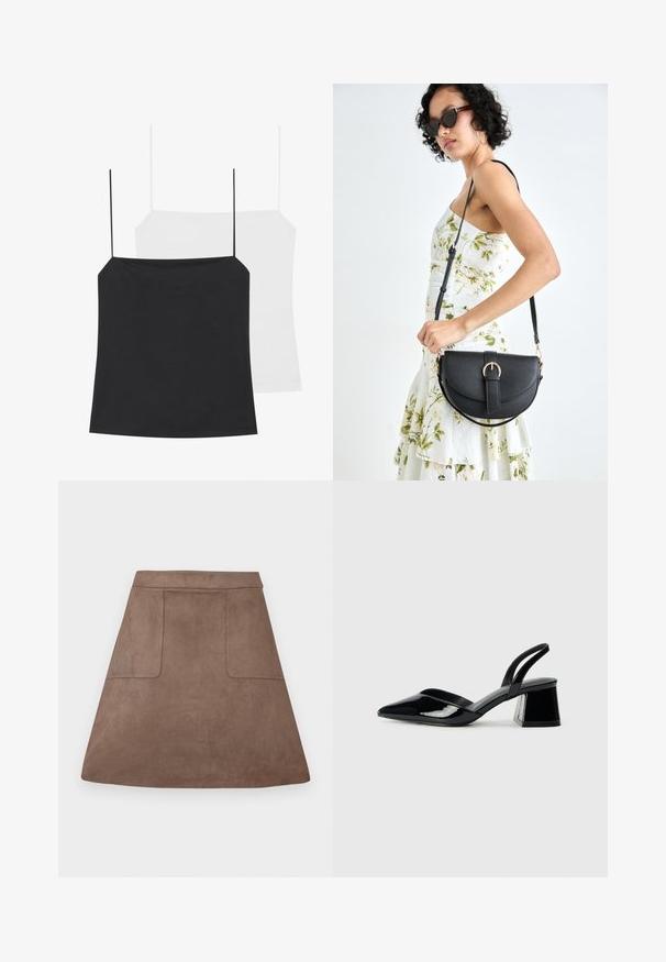 Två linnen visas: ett svart och ett vitt. Båda har tunna axelband och en figursydd design gjord av ett slätt, elastiskt tyg.; Brun mockaskinn A-linje kjol med en slät yta, utrustad med två framfickor och en sömlös midja, designad för en längd ovanför knäet.; Svarta lackläder slingback klackar med spetsig tå och geometrisk klack. Har en elegant, minimalistisk design och slät yta.; Svart läderhandväska med en böjd form, avtagbar rem och guldiga detaljer. Väskan har ett lock med en spänndetalj.