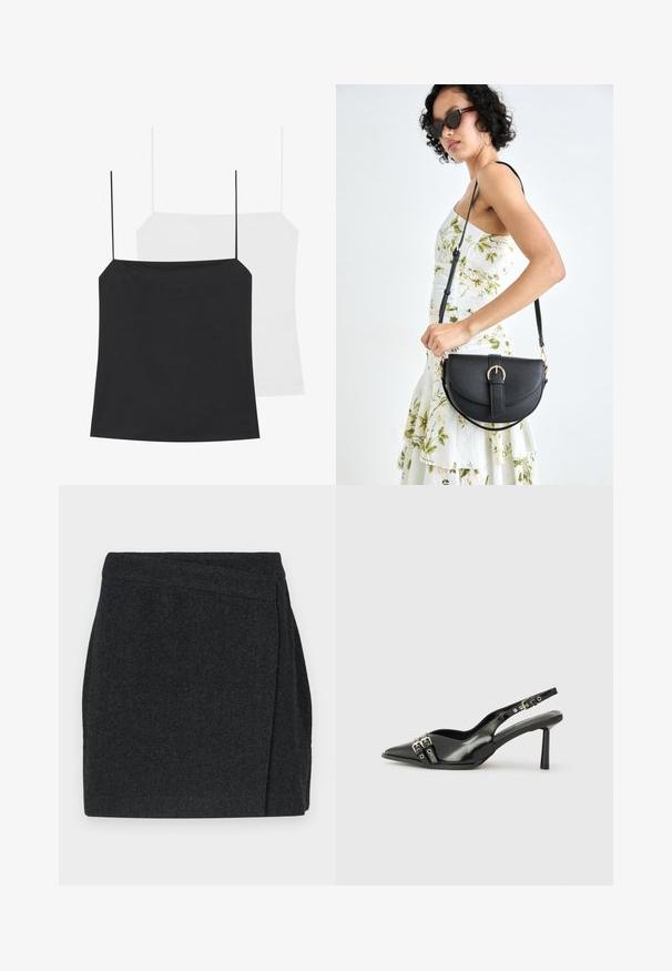 Två linnen visas: ett svart och ett vitt. Båda har tunna axelband och en figursydd design gjord av ett slätt, elastiskt tyg.; Svart kjol med fiskbensmönster och omlottdesign, som har en ren finish och textil med struktur. Längd till mitten av låret.; Svart lackläder slingbacksko med spetsig tå, ankelremmar med silverfärgade spännen och detaljer samt en smal klack.; Svart läderhandväska med en böjd form, avtagbar rem och guldiga detaljer. Väskan har ett lock med en spänndetalj.
