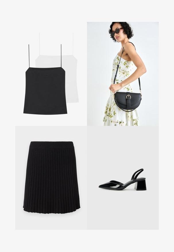 Prikazane so dve top majice: ena črna in ena bela. Obe imata tanke naramnice in prilegajoč dizajn, izdelani so iz gladkega, elastičnega materiala.; Črna žametna pletena krila z širokim pasom, ki ima vertikalne naborke in razširjen rob. Enotna tekstura po celotni dolžini.; Črne lakirane slingback pete s koničastim nosom in geometrijsko blokasto peto. Imajo eleganten, minimalističen dizajn in gladko teksturo.; Črna usnjena torbica s ukrivljeno obliko, z odstranljivo naramnico in zlatimi dodatki. Torbica ima pokrov s podrobnostmi v obliki zaponke.