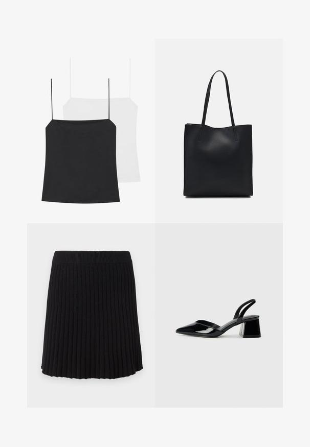 Két camisole top látható: egy fekete és egy fehér. Mindkettő vékony pántokkal és testhez simuló kialakítással rendelkezik, sima, rugalmas anyagból készültek.; Fekete bordás kötött szoknya széles derékpánttal, függőleges pliszékkel és bővülő szegéllyel. Egyenletes textúra az egész anyagon.; Fekete lakk bőr szandálkés magas sarkú cipő, hegyes orral és geometrikus tömbsarkakkal. Karcsú, minimalista dizájn és sima textúra jellemzi.; Fekete bőrtáska sima felszínnel, téglalap alakú, két hosszú füllel. Nincs látható fémkiegészítő vagy díszítés.