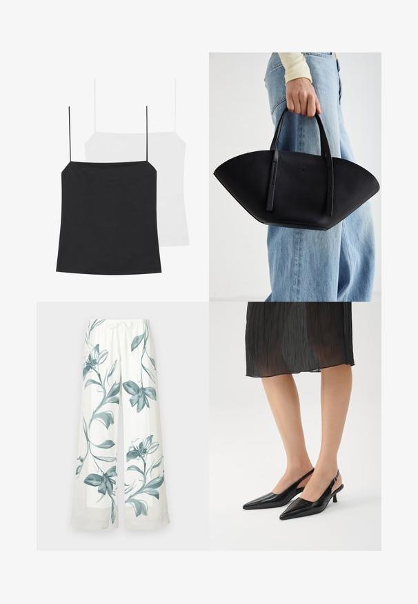 Es sind zwei Spaghettiträgershirts zu sehen: eines in Schwarz und eines in Weiß. Beide haben dünne Träger und ein figurbetontes Design, gefertigt aus einem glatten, dehnbaren Stoff.; Hochtaillierte, weit geschnittene Hosen aus weißem Stoff mit blauen Blumenmustern. Elastischer Bund mit Kordelzug, glatte Textur, lässiges Design.; Schwarze Slingback-High Heels mit spitzem Zehenbereich und glänzender Oberfläche, schlankem Absatz und offenem Rückendesign. Strukturmuster auf dem Obermaterial.; Schwarze Lederhandtasche mit einzigartiger Fächerform, ausgestattet mit flachen Griffen. Die Oberfläche hat eine genoppte Textur und ein minimalistisches Design.