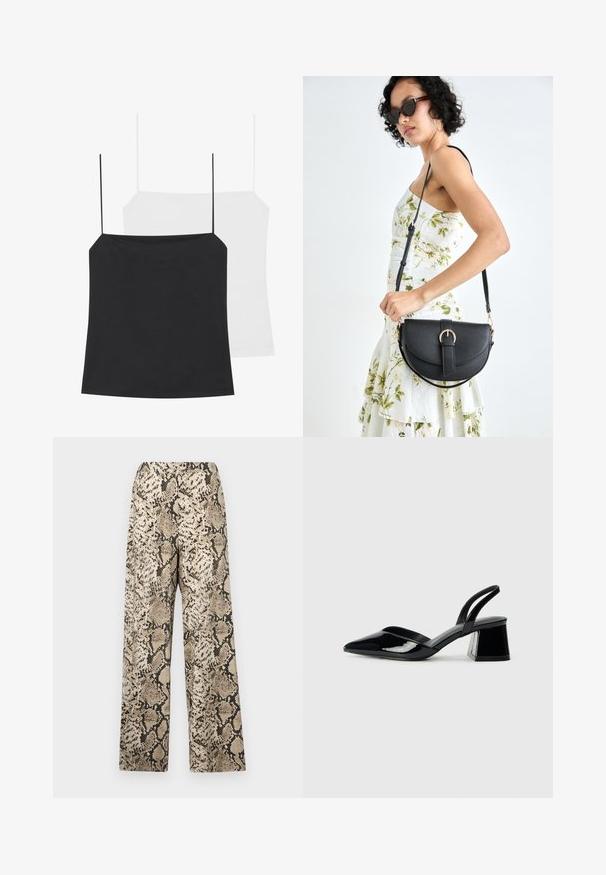 Two camisole tops are shown: one black and one white. Both have thin straps and a fitted design made from a smooth, stretchy fabric.; Wide-leg pants featuring a beige and black snakeskin pattern. The material is smooth with a lightweight texture. Elastic waistband.; Black patent leather slingback heels with a pointed toe and a geometric block heel. Features a sleek, minimal design and smooth texture.; Black leather handbag with a curved shape, detachable strap, and gold hardware. The bag features a flap with a buckle detail.