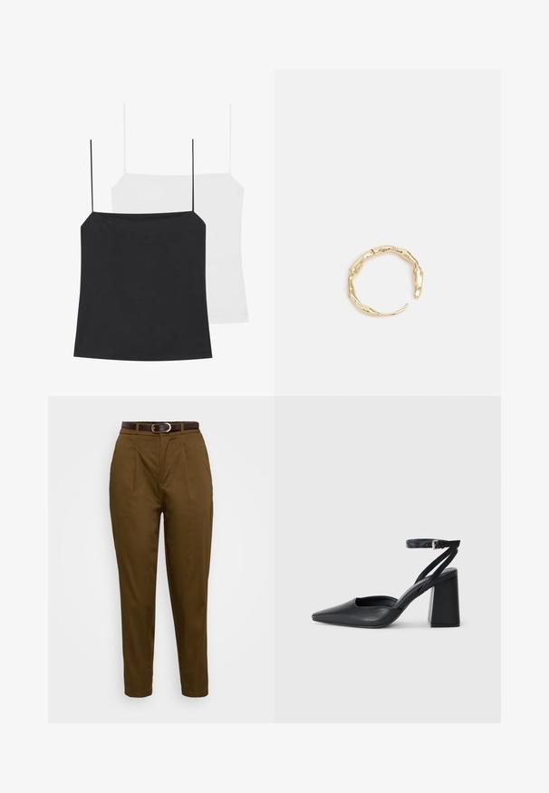 Parādīti divi kamzoli: viens melns un otrs balts. Abiem ir plānas siksniņas un pieguļoša forma, kas izgatavota no gludas, elastīgas auduma.; Brūnas pielāgotas bikses ar gludu audumu, kurām ir priekšējās krokas un brūns ādas jostas ar sudraba sprādzi. Elegants šaurs dizains.; Melna ādas augstpapēžu kurpe ar norakstīto purngala formu, potītes siksniņu un masīlu papēdi. Gluda tekstūra, elegants dizains un minimālisma estētika.; Zelta toņa gredzens ar organisku, vērptu dizainu, gludu virsmu un sašaurinātiem galiem, radot mūsdienīgu, skulpturālu izskatu.