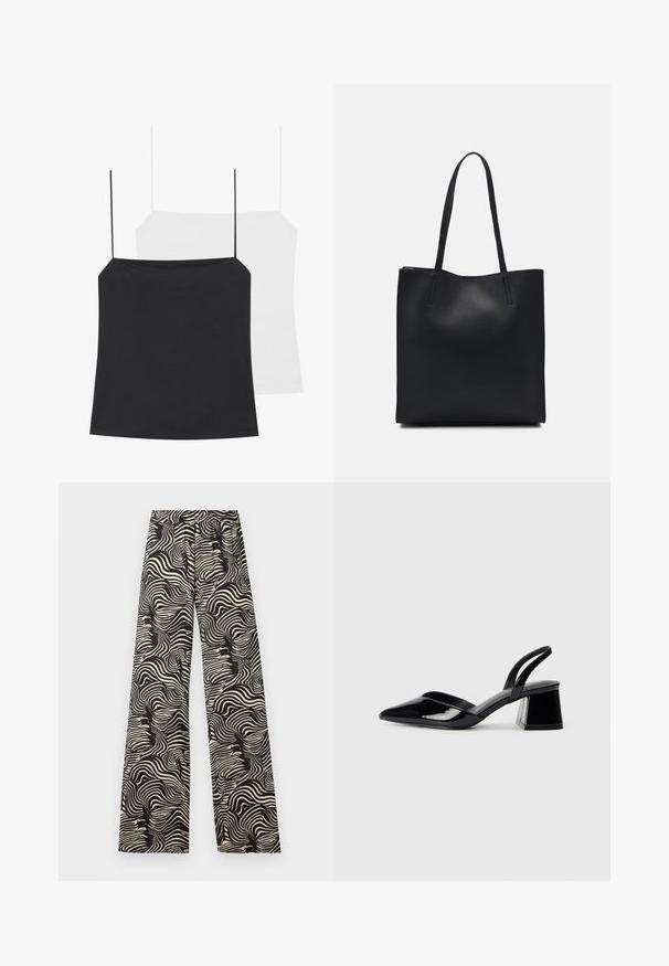 To camisoles vises: en sort og en hvid. Begge har tynde stropper og et tætsiddende design lavet af et glat, strækbart stof.; Videbenede bukser i et monokromt svirle mønster. Materialet ser letvægtigt ud med en tekstureret overflade; har en høj, elastisk talje.; Sorte patentlæder slingback hæle med spids tå og en geometrisk blok hæl. Har et elegant, minimalistisk design og en glat tekstur.; Sort læder tote taske med glat tekstur, rektangulær form og to lange hanke. Ingen synlig hardware eller udsmykninger.