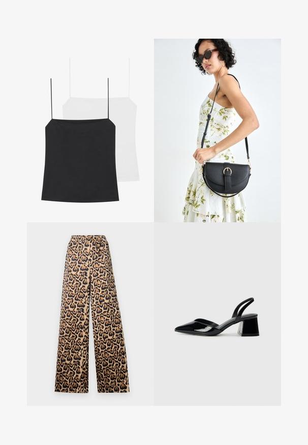São mostrados dois tops de alças: um preto e um branco. Ambos têm alças finas e um design justo, feitos de um tecido liso e elástico.; Calças largas de padrão leopardo em bege e preto, com uma cintura elástica e uma textura suave.; Sandy em verniz preto com salto slingback, ponta afilada e salto geométrico. Apresenta um design elegante e minimalista com textura suave.; Bolsa de couro preta com forma curva, alça destacável e detalhes em dourado. A bolsa possui uma aba com detalhe de fivela.