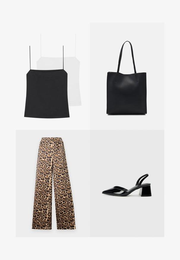 Prikazane su dvije majice bez rukava: jedna crna i jedna bijela. Obje imaju tanke naramenice i prilagođeni su dizajn od glatkog, rastezljivog materijala.; Široke hlače s leopard uzorkom u bež i crnoj boji, s elastičnom strukom i glatkom teksturom.; Crne lakirane kožne sandale s otvorenom petom i špicastim vrhom, s geometrijskom blok petom. Imaju elegantan, minimalistički dizajn i glatku teksturu.; Crna kožna torba za nošenje s glatkom teksturom, pravokutnim oblikom i dvije duge ručke. Nema vidljivih metalnih dijelova ili ukrasa.