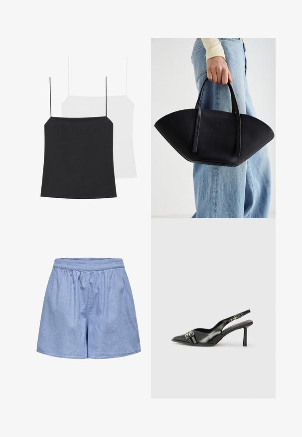 Er worden twee cami-tops getoond: een zwarte en een witte. Beide hebben dunne bandjes en een aansluitend ontwerp gemaakt van een gladde, rekbare stof.; Blauwe chambray shorts met een elastische tailleband, losse pasvorm en een zachte textuur; afgewerkte randen en geraffineerde details bij de taille.; Zwarte gepolijste leren slingback schoenen met een puntige neus, enkelbandjes met zilveren gespen en hardware, en een slanke hak.; Zwarte leren handtas met een unieke waaier vorm, voorzien van platte handvatten. Het oppervlak heeft een gewelfde textuur en een minimalistisch ontwerp.
