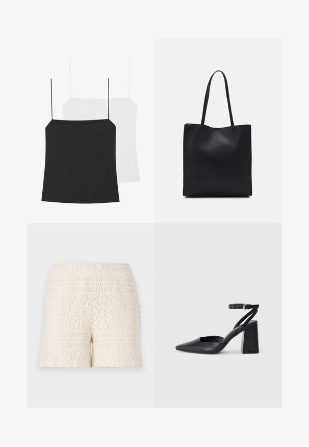 Două tops-uri de cămașă sunt prezentate: unul negru și unul alb. Ambele au bretele subțiri și un design ajustat realizat dintr-un material neted și elastic.; Șorturi din dantelă de culoare crem, cu modele florale complexe și o talie elastică, prezentând un design texturat, cu tricotare deschisă.; Pantofii cu toc ascuțit din piele neagră, cu breteaua pentru glezne și toc gros. Textură netedă, design elegant și estetică minimală.; Geantă tote neagră din piele, cu textură netedă, formă rectangulară și două mânere lungi. Fără hardware vizibil sau ornamente.