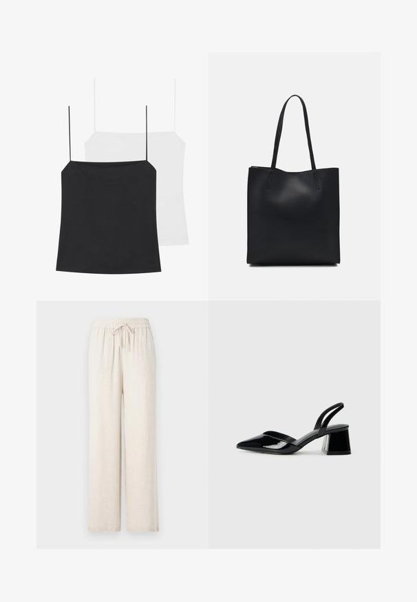 Deux débardeurs sont présentés : un noir et un blanc. Les deux ont des bretelles fines et un design ajusté en tissu lisse et extensible.; Pantalons larges beige clair, fabriqués à partir d'un matériau doux et texturé. Dotés d'une taille élastique avec un cordon de serrage pour un ajustement.; Escarpins en cuir verni noir avec bout pointu et talon bloc géométrique. Présente un design élégant et minimaliste ainsi qu'une texture lisse.; Sac fourre-tout en cuir noir avec une texture lisse, de forme rectangulaire et deux longues poignées. Pas de matériel ou d'ornementations visibles.