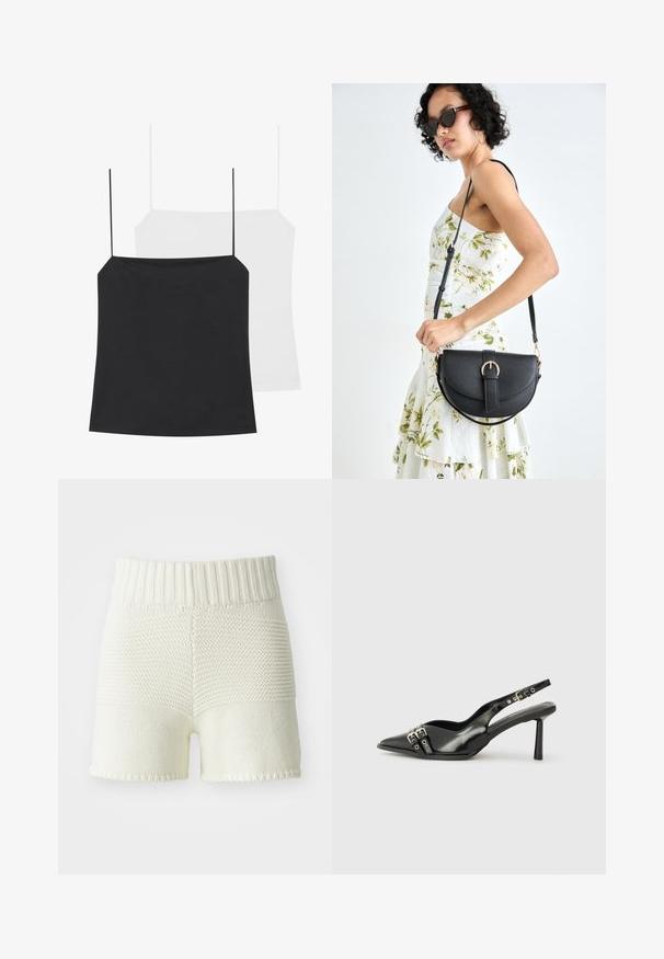 Two camisole tops are shown: one black and one white. Both have thin straps and a fitted design made from a smooth, stretchy fabric.; Knit shorts in off-white with a ribbed waistband, featuring a texture contrast between the top and bottom sections, hemmed edges.; Black patent leather slingback shoe with pointed toe, ankle straps featuring silver buckles and hardware, and a slender heel.; Black leather handbag with a curved shape, detachable strap, and gold hardware. The bag features a flap with a buckle detail.